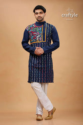 Zodiac blue multicolor kantha work cotton kurta for men man embroidered kurta white pants 1