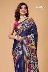 Zodiac Blue Multicolor Silk Kantha Work Saree - Craftyle