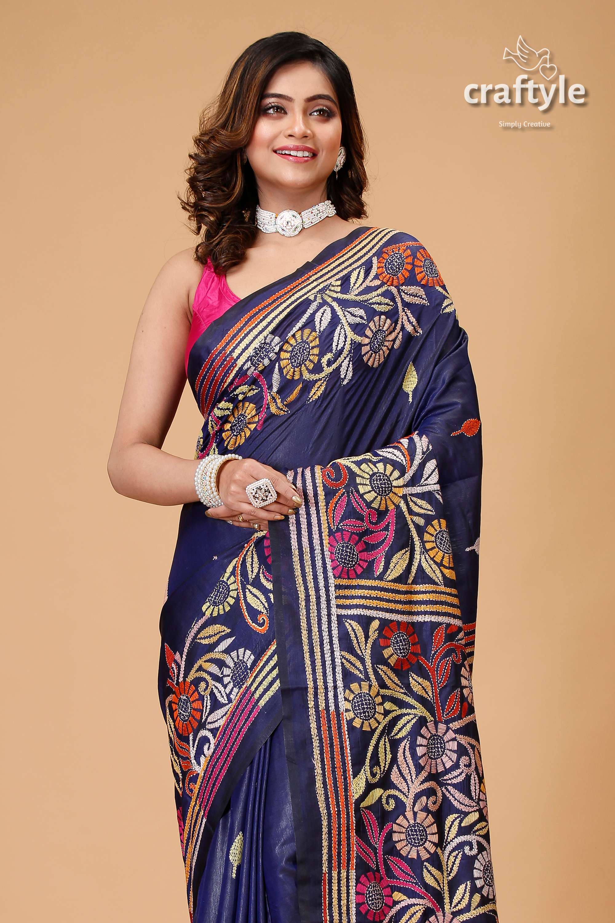 Zodiac Blue Multicolor Silk Kantha Work Saree - Craftyle