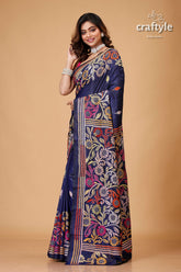 Zodiac Blue Multicolor Silk Kantha Work Saree - Craftyle