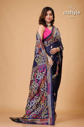Zodiac Blue Multicolor Silk Kantha Work Saree - Craftyle