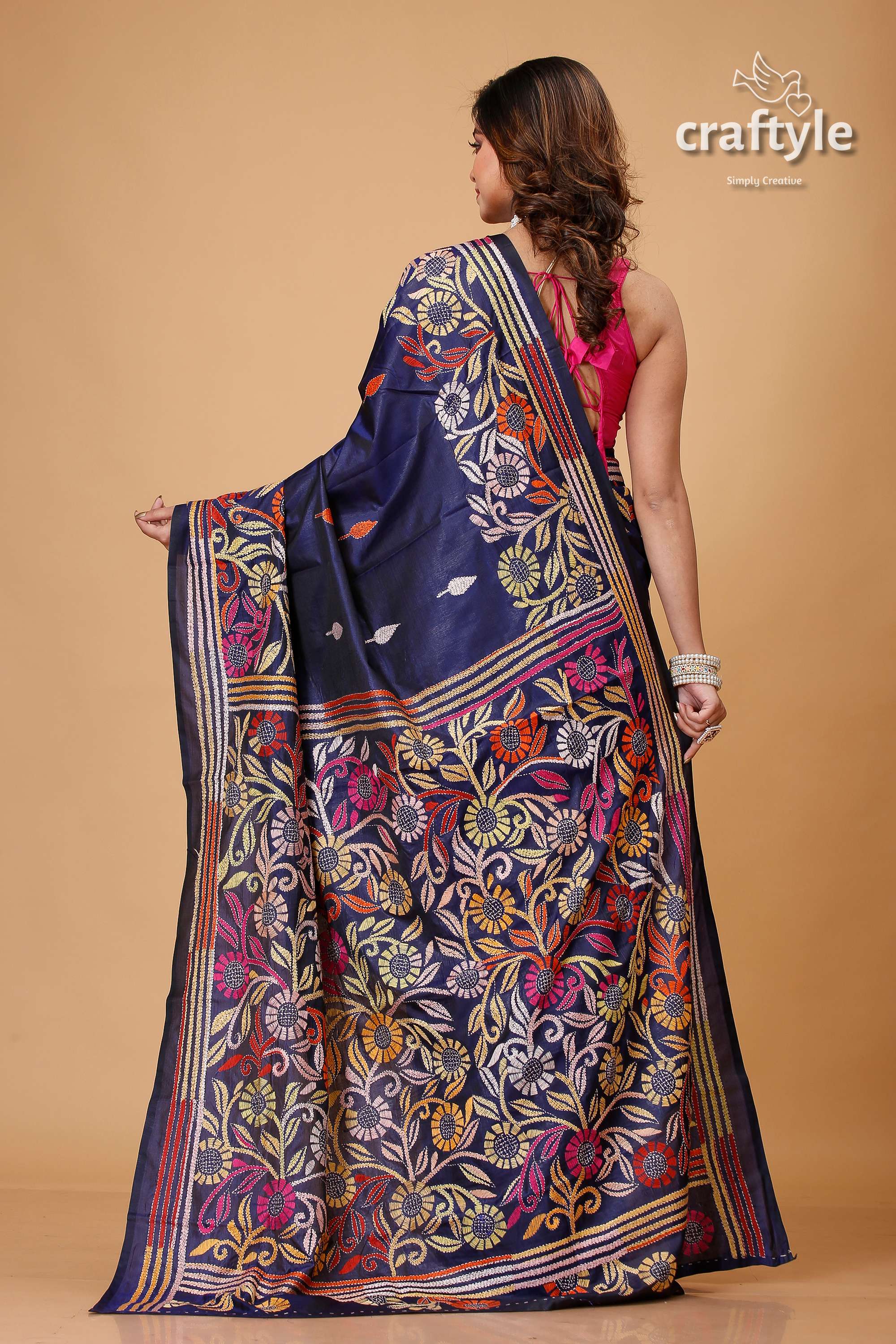 Zodiac Blue Multicolor Silk Kantha Work Saree - Craftyle