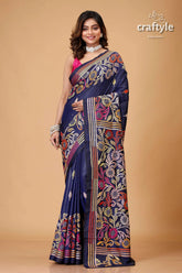 Zodiac blue multicolor silk kantha work saree navy blue floral embroidered saree 1