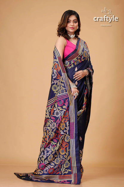 Zodiac blue multicolor silk kantha work saree woman floral embroidered saree 4