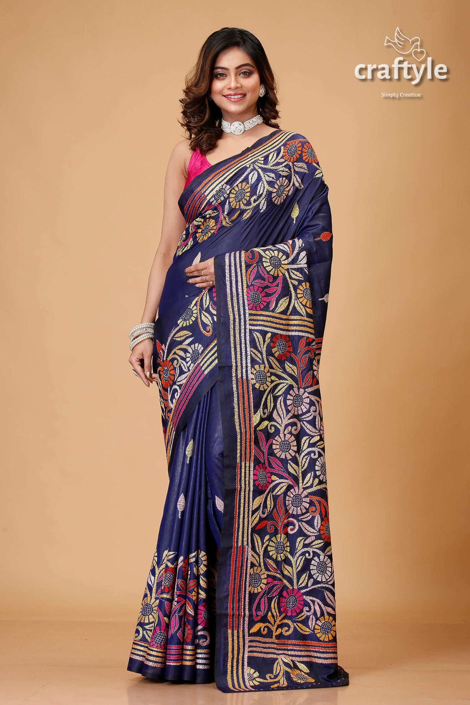 Zodiac Blue Multicolor Silk Kantha Work Saree - Craftyle